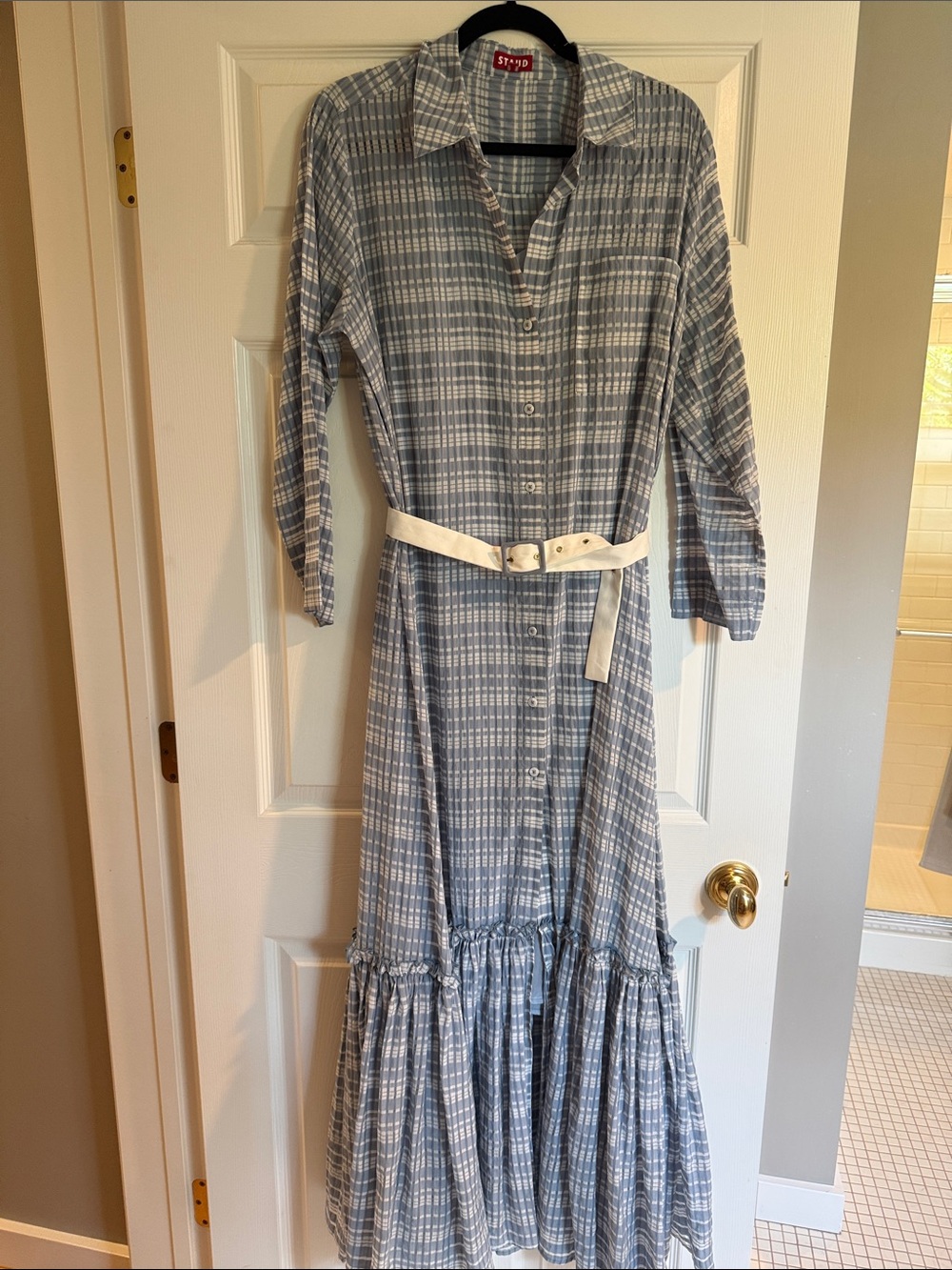 Staud Blue Plaid Button-Front Maxi Dress with Cream Belt